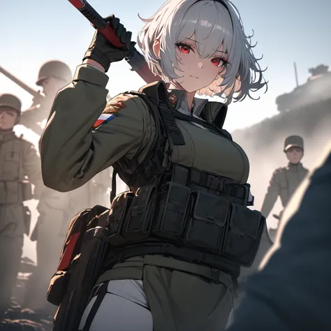 masterpiece , girl, on the battlefield, ( light white short hair:1.2), (red eyes:1.2), (russian military uniforms:1.2), (view yo...