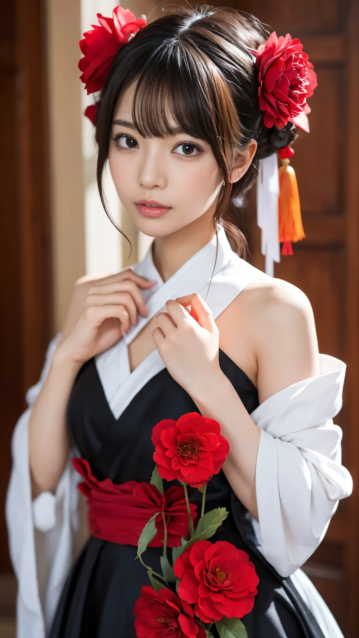 Anime girl in a red and black dress with a red flower in her hair, artwork in the style of Gweitz, Gweitz, Chinese Girl, Trending on cgstation, Cute anime waifu in a nice dress, Gweitz on pixiv artstation, palace ， Girl in Hanfu, Beautiful digital art, Gweitz on artstation pixiv
