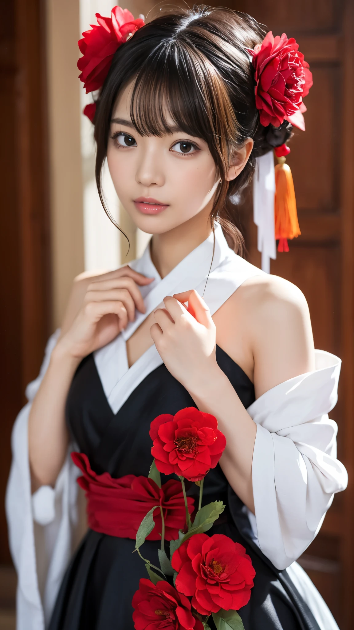 Anime girl dans une robe rouge et noire avec une fleur rouge dans les cheveux, oeuvre d&#39;art dans le style de Gweitz, Gweitz, chinoise, Tendance sur CGSTATION, waifu anime mignon dans une jolie robe, Gweitz sur pixiv artstation, palais ， fille en hanfu, bel art numérique, Gweitz sur artstation pixiv