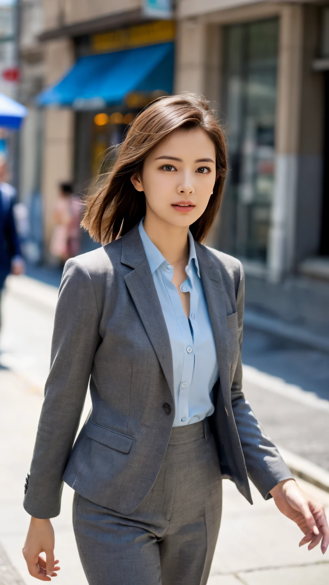 (8k, RAW Photos, highest quality, masterpiece: 1.2), (Realistic, photoRealistic: 1.37), 1 Woman in a suit standing on the sidewalk, Cityscape, Day, Sunny Morning, Professional Lighting, Photon Mapping, Radio City, Brazilian Women, Torn, shirt, Woman in a suit, Silk Suit