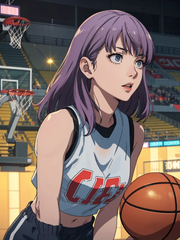 1girl in basketball uniform,crop top,beautiful detailed eyes,beautiful detailed lips,extremely detailed face,longeyelashes,dynamic pose,basketball court background,(best quality,4k,8k,highres,masterpiece:1.2),ultra-detailed,(realistic,photorealistic,photo-realistic:1.37),vibrant colors,dynamic lighting,sports,athletic