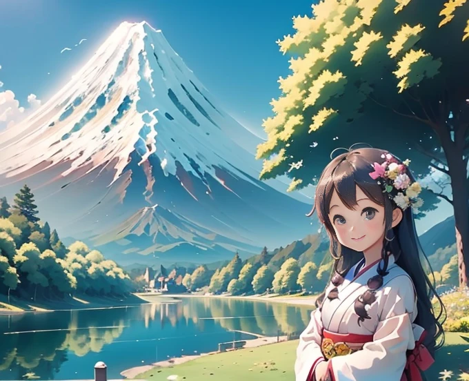 mais alta qualidade、Beira do lago em frente à montanha、Monte Fuji、verão、dia、Lindo céu azul、fora de casa、jovem、Sorria na tela、Beleza detalhada、piquenique、Abra o guarda-sol、quimono、taisho romano 