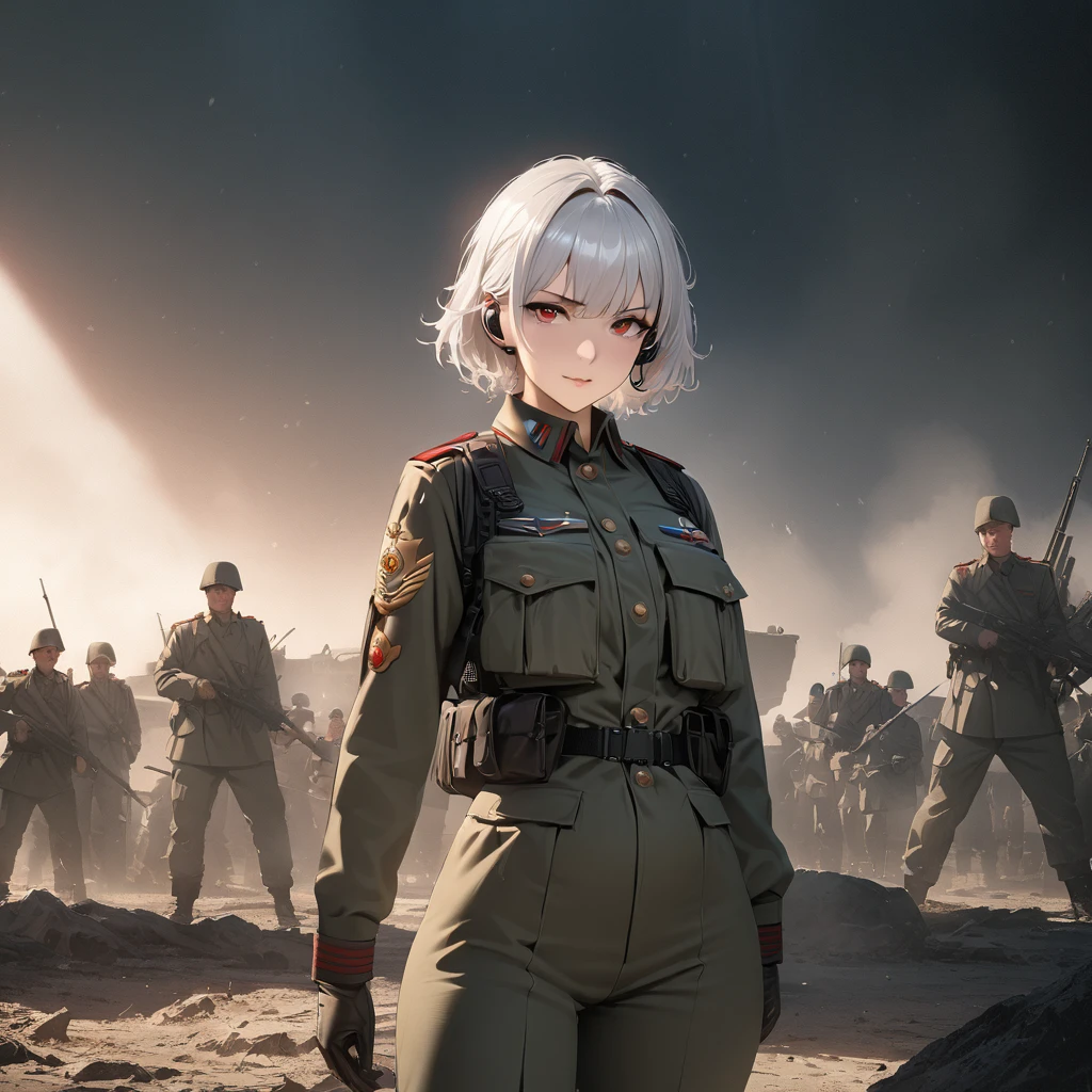 highest quality, Perfect Face, Complex, Beautiful views, Ultra-realistic 8K CG,Perfect artwork, (Ultra-high resolution:1.0), 8k, RAW Photos, (masterpiece:1.2), girl, On the battlefield, ( Light white short hair:1.2), (Red eyes:1.2), (Russian military uniforms:1.2), (View your viewers:1.2) , Soft lighting,  Film Grain, Beautiful lighting, Cinematic ,Perfect body , Best lighting, Best Shadow, Sharpness, Contrast, Red glasses, Messy Hair, Tactical Vest, gloves, headset, Absurd high definition faces