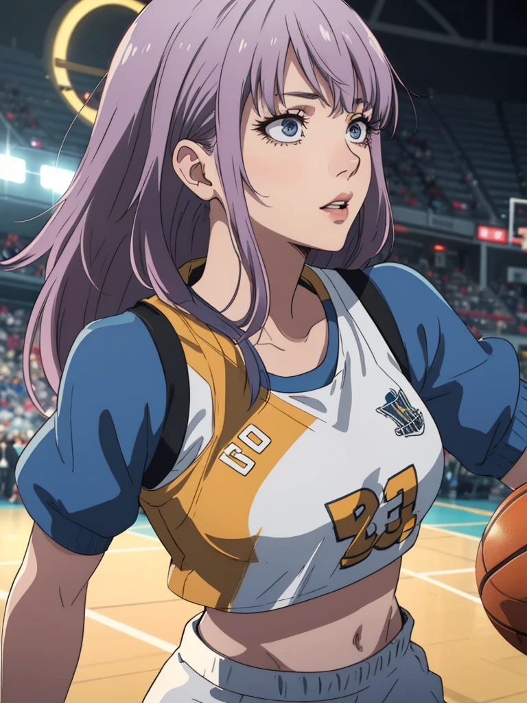 1 chica con uniforme de baloncesto de Golden State.,top corto,Hermosos ojos detallados,hermosos labios detallados,cara extremadamente detallada,pestañas largas,pose dinámica,Fondo de cancha de baloncesto,(mejor calidad,4k,8k,alta resolución,Obra maestra:1.2),ultra detallado,(Realista,photoRealista,photo-Realista:1.37),colores vibrantes,iluminación dinámica,Deportes,athletic