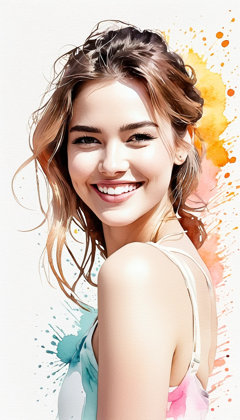 chica sonriendo arte moderno, minimalismo, elegancia contemporánea, núcleo de ensueño, Moda elegante , fusión de acuarela e ilustración digital, colores limpios, minimalistas y vibrantes
