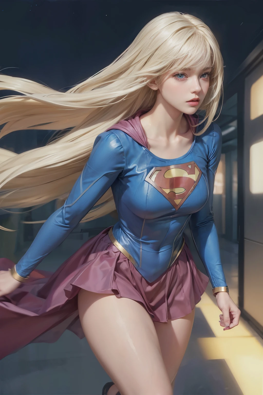 1girl super girl,big , yellow hair, blue ayes,high res,hyper realistis, ultra detail