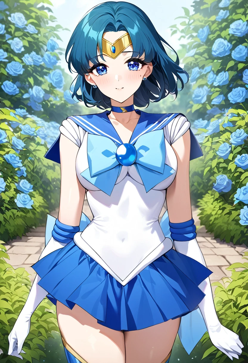 masterpiece,、highest quality、High resolution、Show more1、金のtiara、Sailor Warrior Uniform、Blue Skirt、Blue sailor collar、tiara,、bow、Blue knee boots、choker、White gloves、blue choker、elbow gloves、jewelry、Earrings、Pleated skirt、Cowboy Shot、Blue Hair、Garden with lots of blue flowers on background