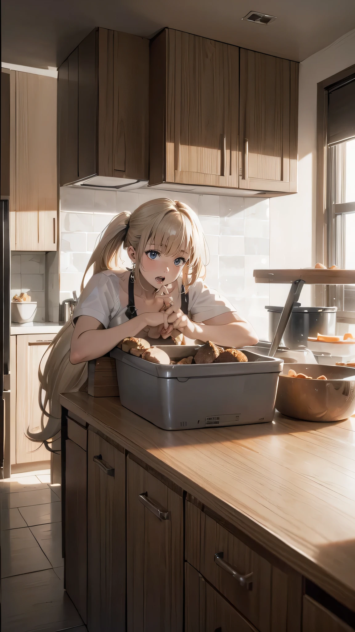 There is a girl sitting at a counter with a pan of food - SeaArt AI