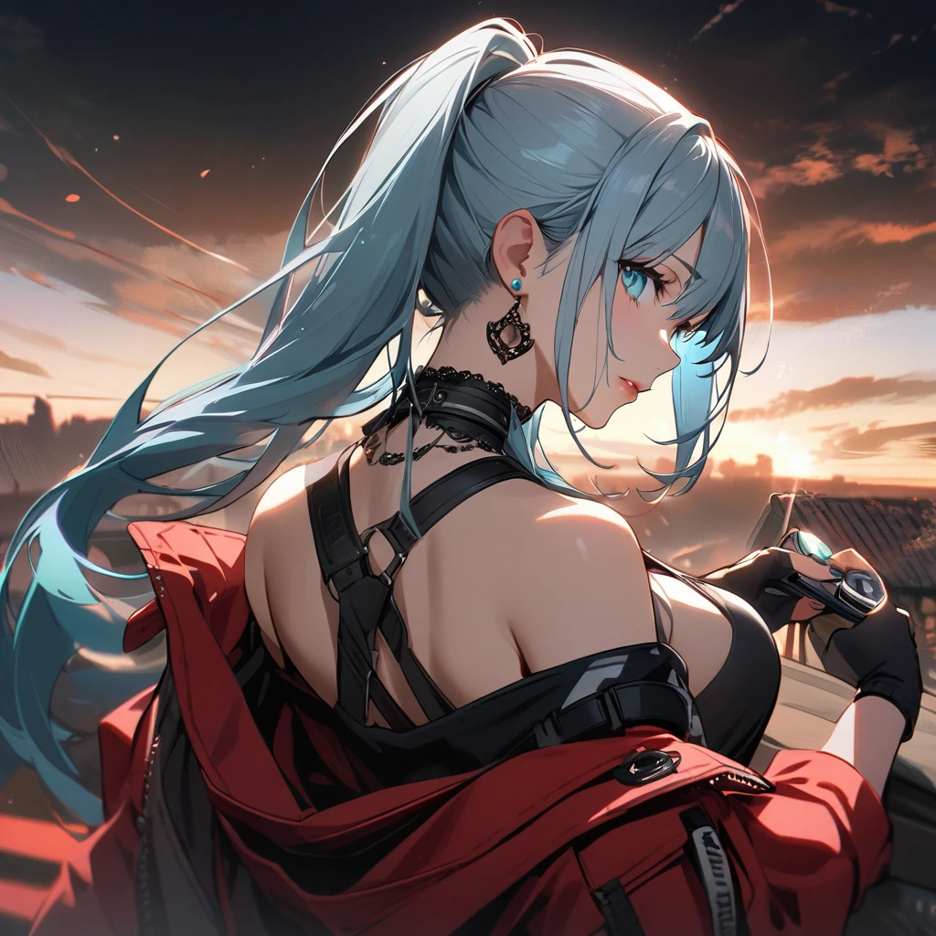 One girl, Aqua Eye, return, bangs, Exposing shoulders, black gloves, blue eyes, Braiding, choker, Earrings, fingerless gloves, From behind, gloves, Grey Hair, Holding, Jacket, jewelry, Long Hair, View Viewer, looking return, Manicure, Off the shoulder, Lips parted, Earrings, ponytail, red Jacket, alone, Upper Body,He didn&#39;t,[[Realistic]],(Shiny skin),(masterpiece:1.4),(highest quality:1.4)