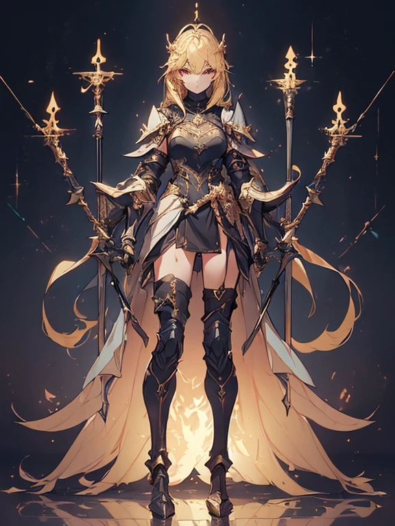 (((masterpiece, best quality, 8k))) Design a layout showcase Gaming character, (1girl),((perfect face, high detailed face)). Golden+Purle clothes, stylish and unique, ((showcase weapon:1.4)), magic staff, (masterpiece:1.2), (best quality), 4k, ultra-detailed, (Step by step design, layout art:1.5), (luminous lighting, atmospheric lighting), magican, ((glove full hands)), (((revealing clothes:1.3))), vambraces, armored legwear, (((full_body_shot:1.4)))