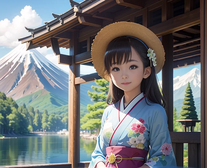 highest quality、Lakeside in front of the mountain、Mt fuji、summer、Daytime、Beautiful blue sky、outside of home、Young girl、Smile on the screen、Detailed beauty、picnic、Open the parasol、kimono、taisho roman 