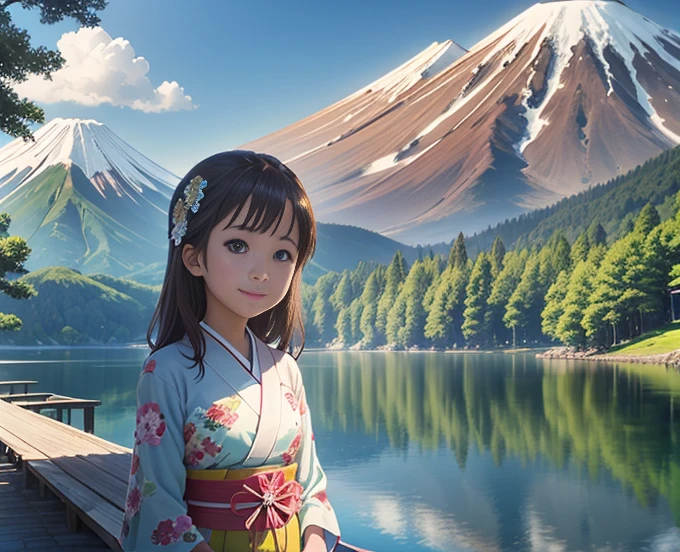 highest quality、Lakeside in front of the mountain、Mt fuji、summer、Daytime、Beautiful blue sky、outside of home、Young girl、Smile on the screen、Detailed beauty、picnic、Open the parasol、kimono、taisho roman 