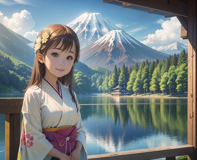 highest quality、Lakeside in front of the mountain、Mt fuji、summer、Daytime、Beautiful blue sky、outside of home、Young girl、Smile on the screen、Detailed beauty、picnic、Open the parasol、kimono、taisho roman 