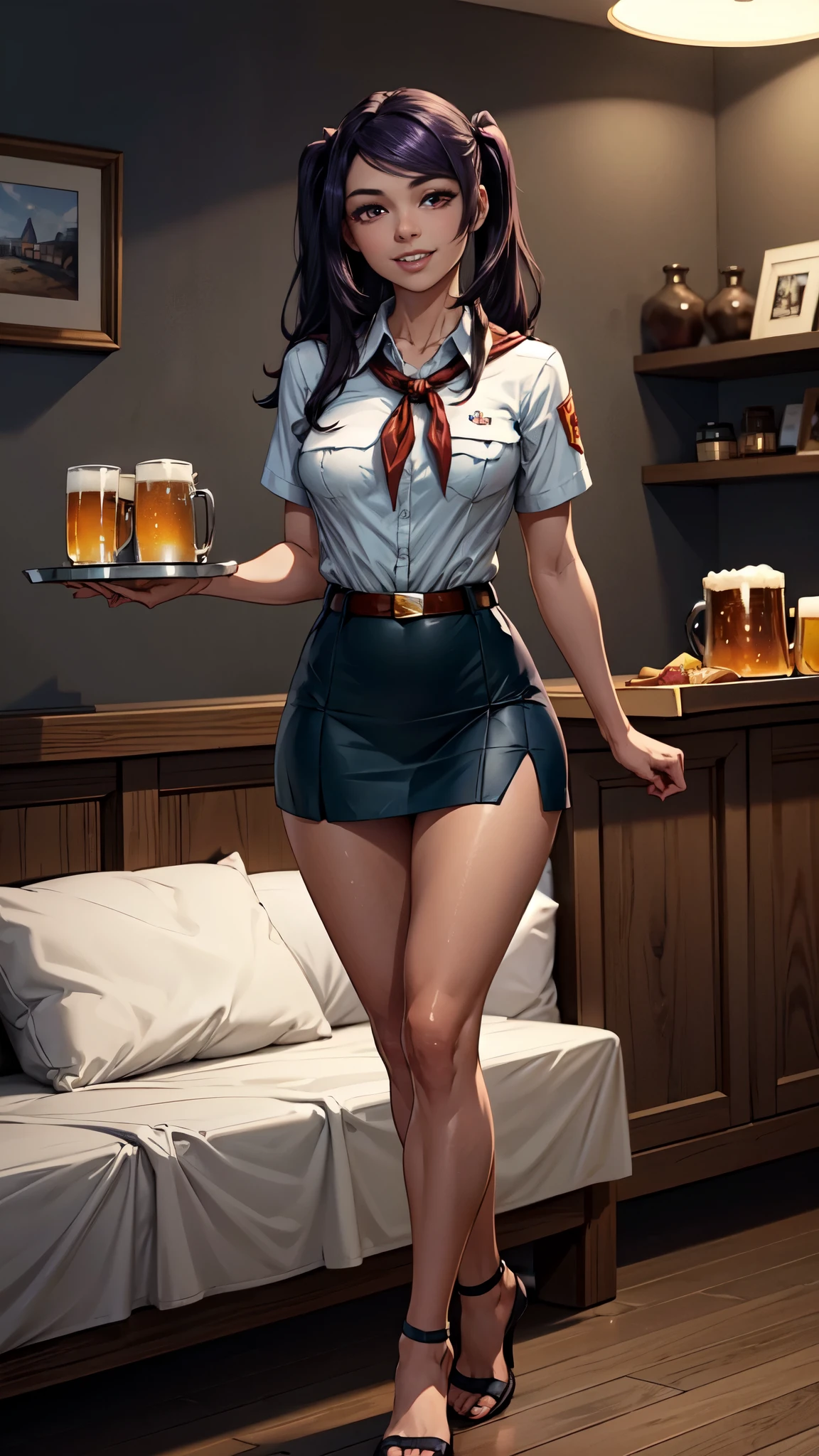 8k, high detailed picture, (plump smiling lips:1.1), look at you, perfect flat breast, mouth is wide open, thin and elegant hands, neat palms, perfect hands, holds in hands a tray with beer mugs, neat feet, pioneer neckerchief, bangs, shirt, collarbone, very tight white shirt, short sleeves, collared shirt, eyelashes, red neckerchief, breast pocket, skinny girl, long legs, tight micro skirt, blue skirt, belt, very long light dark purple hair, big luminous dark red eyes, full body shot, defJill, twintails