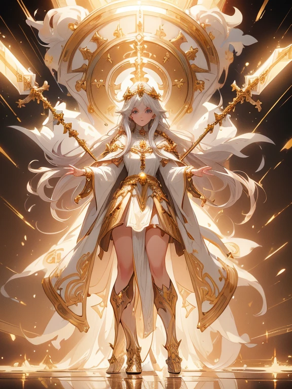 (((masterpiece, best quality, 8k))) Design a layout showcase Gaming character, (1girl),((perfect face, high detailed face)). White+Gold clothes, divine and radiant, ((showcase weapon:1.4)), holy staff, (masterpiece:1.2), (best quality), 4k, ultra-detailed, (Step by step design, layout art:1.5), (heavenly lighting, divine atmosphere), priestess, ((holy gloves)), (((revealing vestments:1.3))), blessed vambraces, golden sandals, (((full_body_shot:1.4)))
