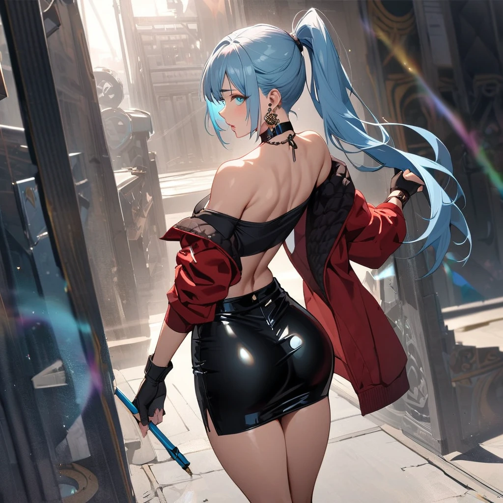 One girl, Aqua Eye, return, bangs, Exposing shoulders, black gloves, blue eyes, Braiding, choker, Earrings, fingerless gloves, From behind, gloves, Grey Hair, Holding, Jacket, jewelry, Long Hair, View Viewer, looking return, Manicure, Off the shoulder, Lips parted, Earrings, ponytail, red Jacket, Pencil skirt with slit, Black patent leather stiletto heels, alone, whole body,A tight, round ass with a narrow thigh, Toned thighs, slightly open legs, He didn&#39;t,[[Realistic]],(Shiny skin),(masterpiece:1.4),(highest quality:1.4)