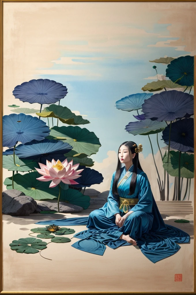 石の上に座る美しい古代中国の女性, 古代中国のローブを着て, 流れるような青いシフォン, ライトシルク, だるいポーズ, 大きな蓮の葉, 蓮の花, 水墨画風, 美しい色彩, 決定的なフレーミング, 空きスペース, フリーハンド, 傑作, 非常に詳細な, 壮大な構成, 高品質, 最高品質, 4K