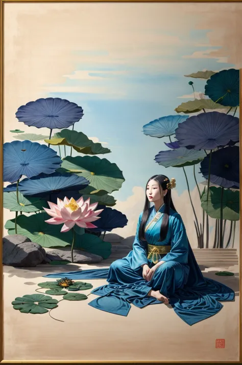 a beautiful ancient chinese woman sitting on a stone, wearing ancient chinese robes, flowing blue chiffon, light silk, languid p...