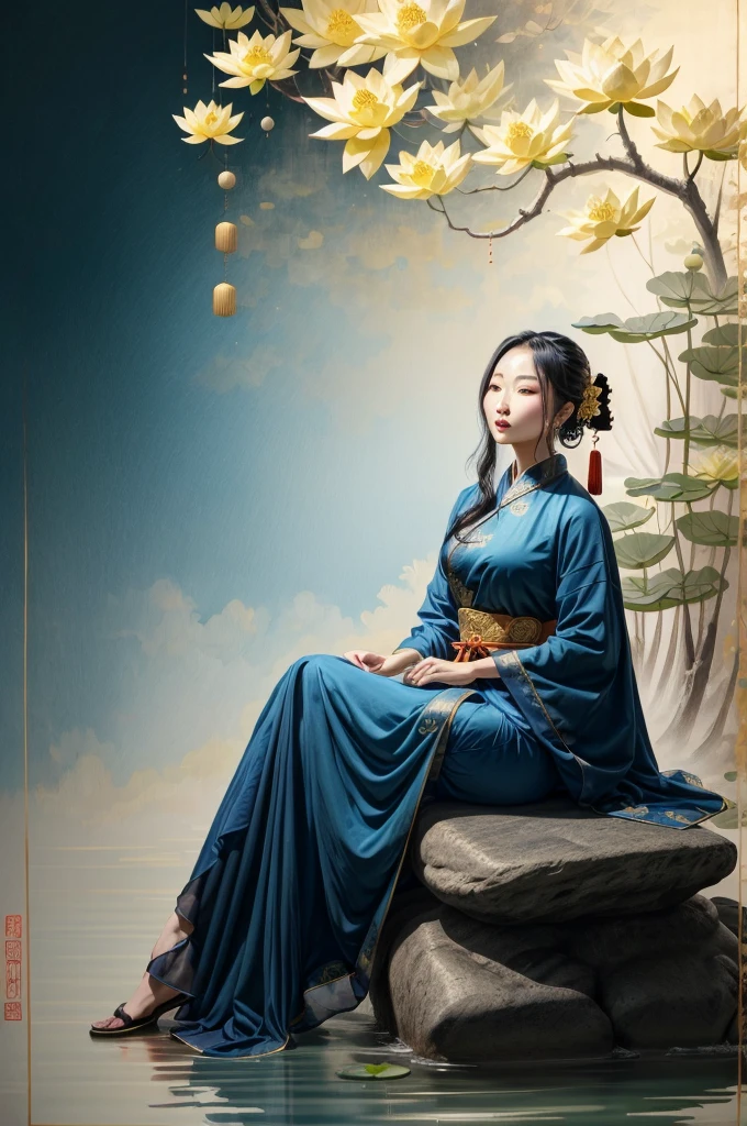 一位美丽的古代中国女人坐在石头上, 穿着中国古代长袍, 飘逸的蓝色雪纺, 轻丝, 慵懒的姿势, 大荷叶, 莲花, 水墨画风格, 美丽的色彩, 决定性框架, 空的空间, 手绘, 杰作, 极其详细, 宏伟的构图, 高质量, 最好的质量, 4k