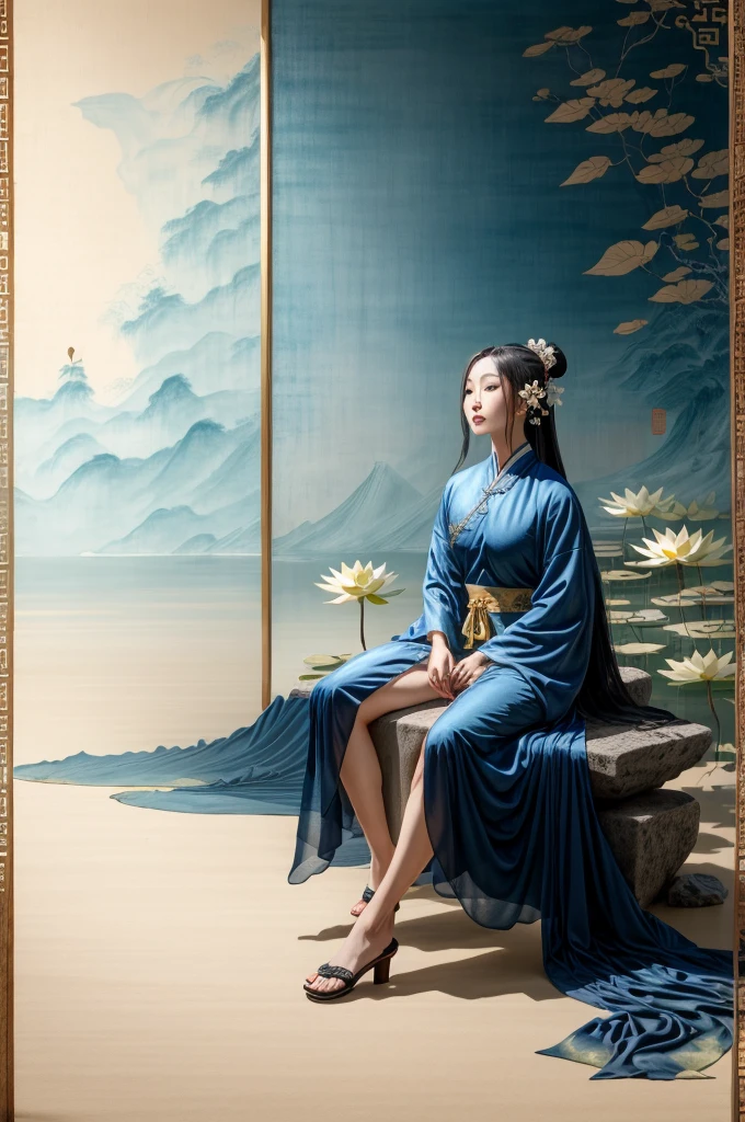 a beautiful ancient chinese woman sitting on a stone, wearing ancient chinese robes, flowing blue chiffon, light silk, languid pose, large lotus leaves, lotus flowers, ink painting style, beautiful colors, decisive framing, empty space, freehand, masterpiece, extremely detailed, grand composition, high quality, best quality, 4k