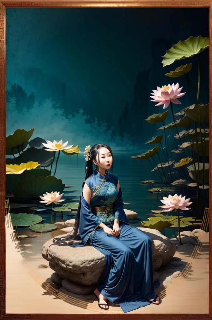 a beautiful ancient chinese woman sitting on a stone, wearing ancient chinese robes, flowing blue chiffon, light silk, languid pose, large lotus leaves, lotus flowers, ink painting style, beautiful colors, decisive framing, empty space, freehand, masterpiece, extremely detailed, grand composition, high quality, best quality, 4k