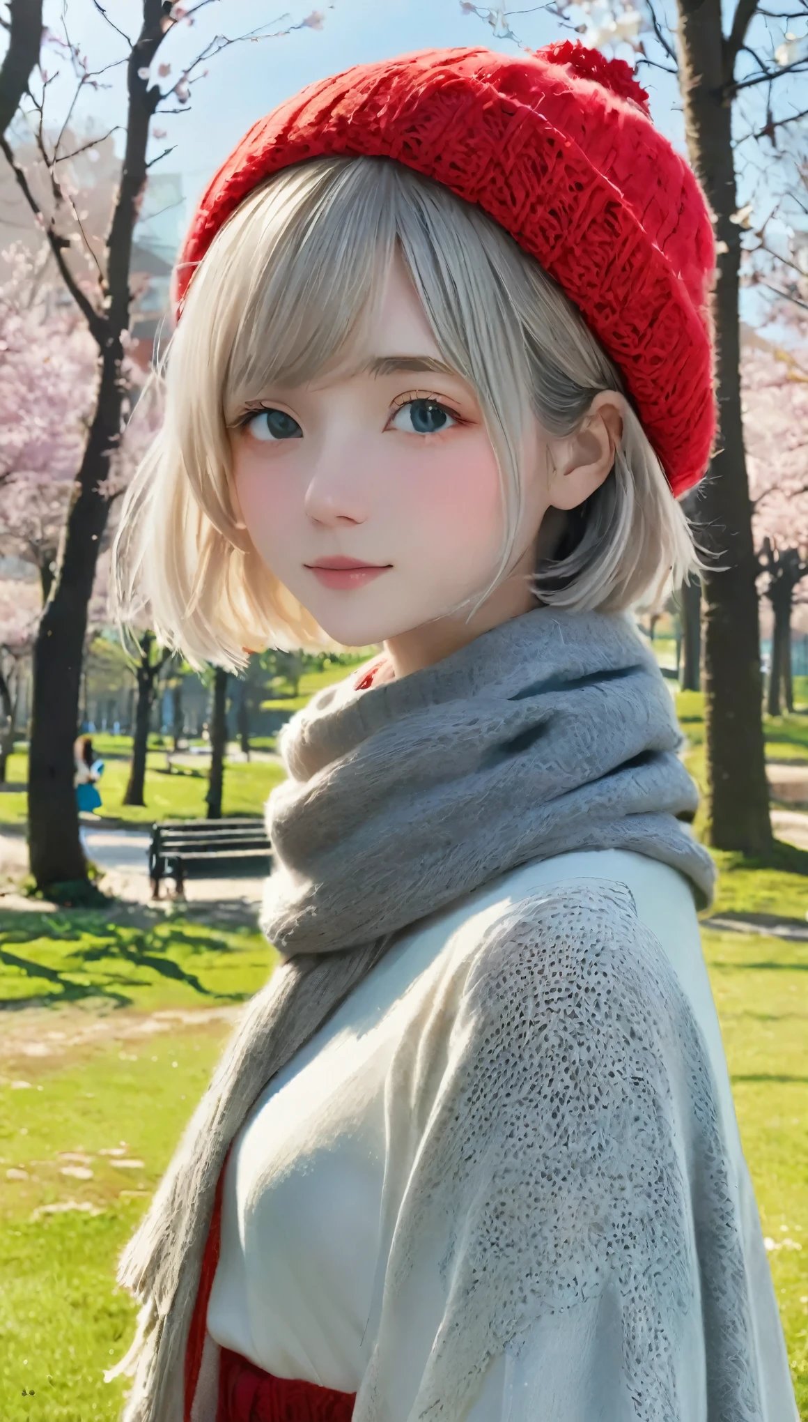 Tabletop:1.2, high quality, 最high quality, High resolution, Surreal, With a girl, Short Bob，Dirty hair, Light grey eyes,Infinitely clear eyes，16 years old，High neck inner，Red knitted hat，scarf，Long skirt，Are standing，Tilt your head, Outdoor，Spring Park:1.5，Blurred Background, Portraiture,Natural look, (詳しいface), ((Sharp focus)), ((face)), Upper body_body，Spring comfort、Spring Park、Spring Sky、The world begins to sprout