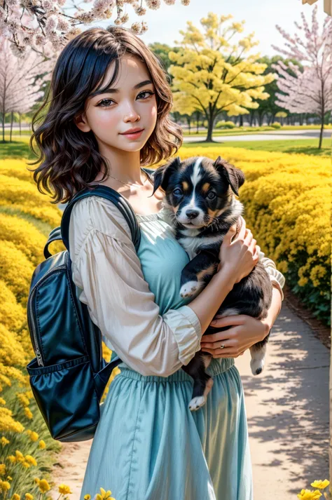 a beautiful young girl with a backpack, a cute puppy, surrounded by lovely yellow flowers in a beautiful spring outdoor scene, 4...