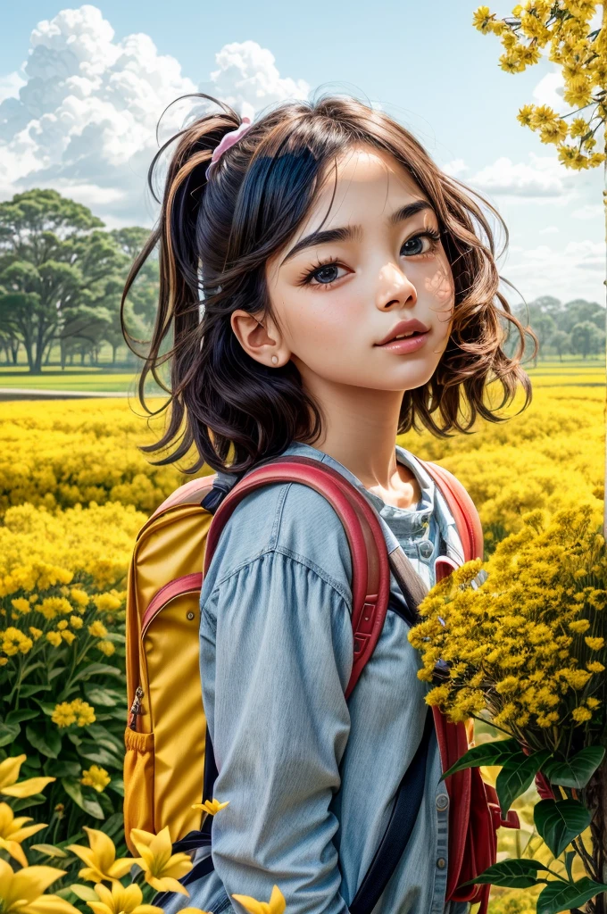 a beautiful young girl with a backpack, a cute puppy, surrounded by lovely yellow flowers in a beautiful spring outdoor scene, 4k resolution, highly detailed facial features, cartoon-style visuals