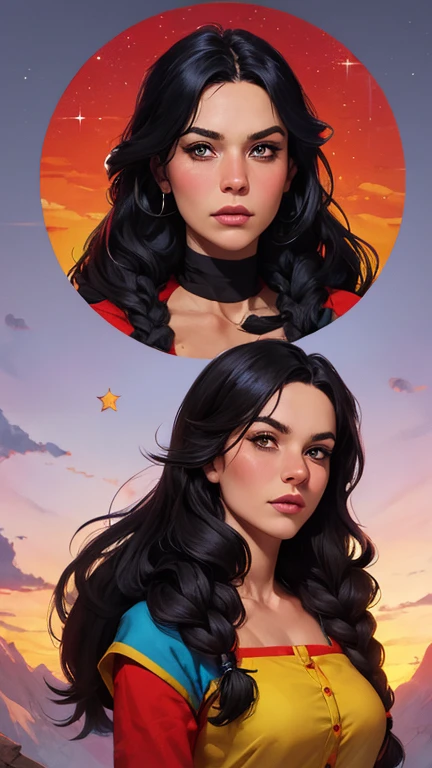 uma mulher com longos cabelos pretos e camisa azul com uma estrela no peito, linda arte digital, beautiful digital illustration, arte digital realista 4k, arte digital realista 4k, linda pintura digital, linda pintura digital, stunning digital illustration, Alena Aenami e Artgerm, belo retrato detalhado, linda pintura de personagem, pintura real de personagens altamente detalhado, arte digital detalhada fofa, Fan art horror character design portrait, beautiful curly black hair digital illustration high quality portrait, arte em quadrinhos, retrato do design do personagem, Naked busty woman with medium breasts cartoon style female character Geena Davis mercenary warrior Female character Queen Anna of Arendelle with battle scars Cartoon image of a woman .Ilustra??o estilo desenho animado, estilo de arte dos desenhos animados, estilo de arte dos desenhos animados, digital illustration style, design de personagens altamente detalhado, arte digital detalhada coragem, Forest fan art, Design de personagens de retrato, beautiful digital illustration, retrato de alta qualidade, Arte em quadrinhos, mulher jovem cabelo com transas lindas . Queen Anna of ArendelleBeautiful lined eyes Medium large bust and wonderful sexy clothes. sunrise bright wish image expression,Star, heart, Spectral rainbow, Fundo, cabelo chique lavanda branco menta, macio, Idiomas mistos_SMS, (Fundo bonito e claro:1.2),, Pintura de fantasia , Olho de renda com alto detalhe, long braids, braid, Universo, Galaxy, cabelo longo, penteado legal, o fluxo, como, como, cabelo super fino, melhor qualidade, alta qualidade, high resolution, Aprimoramento de detalhes, ((a imagem mais linda in the world)), Obra de arte, melhor qualidade, alta qualidadeAprimoramento de detalhes, ((a imagem mais linda ), cabelo brilhante, Estampas de vestidos super chiques, Flores stamp, Mesh pantyhose,, waist-to-head illustration Queen Anne of