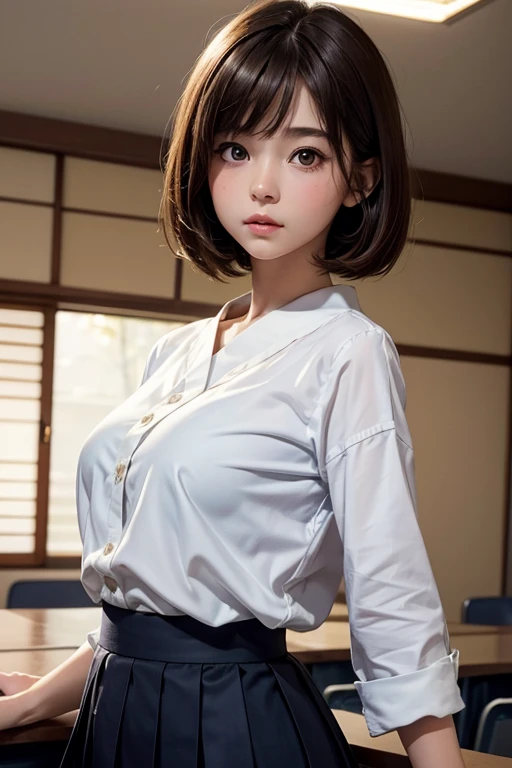 classroom, Baby Face, Young face, Young body, Japanese Face, girl, Brown Hair, short hair, White blouse, dark blue skirt, a highly detailed anatomical masterpiece, ultra-high quality, 8k