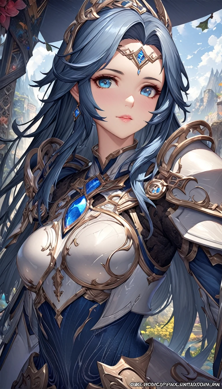 detailed portrait of a young woman in a silver and blue dress, close-up, art station by chen wei pan, by yan j, intricate fantasy art, stunning character art, fanart of the highest quality art station, grand and intricate character art, beautiful armor, highly detailed art gem, detailed digital anime art, artgerm's artstation pixiv, armored girl