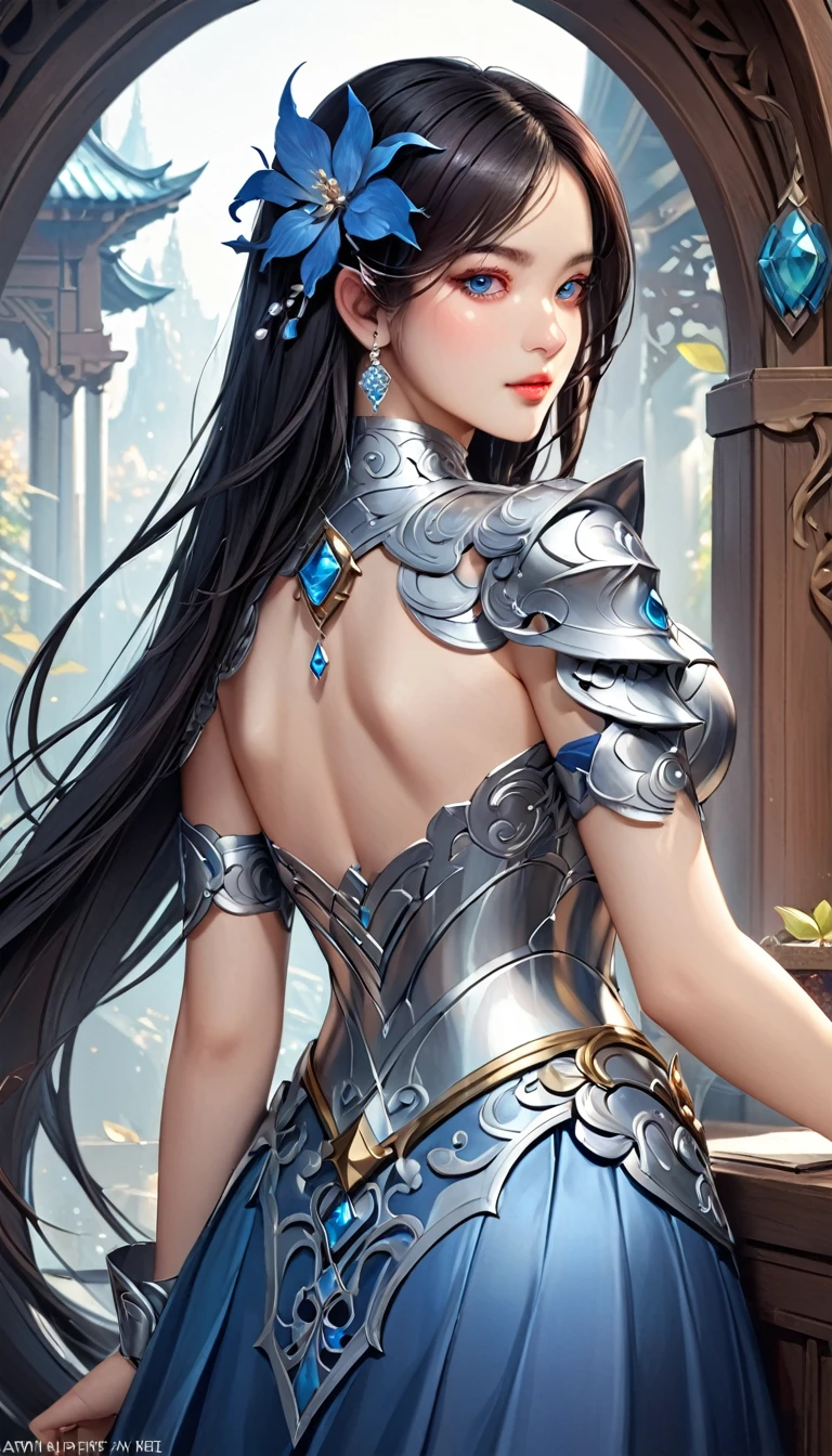 detailed portrait of a young woman in a silver and blue dress, close-up, art station by chen wei pan, by yan j, intricate fantasy art, stunning character art, fanart of the highest quality art station, grand and intricate character art, beautiful armor, highly detailed art gem, detailed digital anime art, artgerm's artstation pixiv, armored girl, back shot, full body.