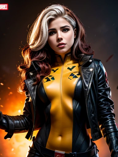 Emily Bett Rickardobra-prima、4K de alta qualidade、vilão (X-Men)、garota gótica、Maquiagem gótica corporal esculpida、Jaqueta preta、bodysuit vermelho e azul、obra de arte、mais alta qualidade、Tiros de vaqueiro、uma pessoaの女の子、uma pessoa、Body Militar de Tecnologia、franja