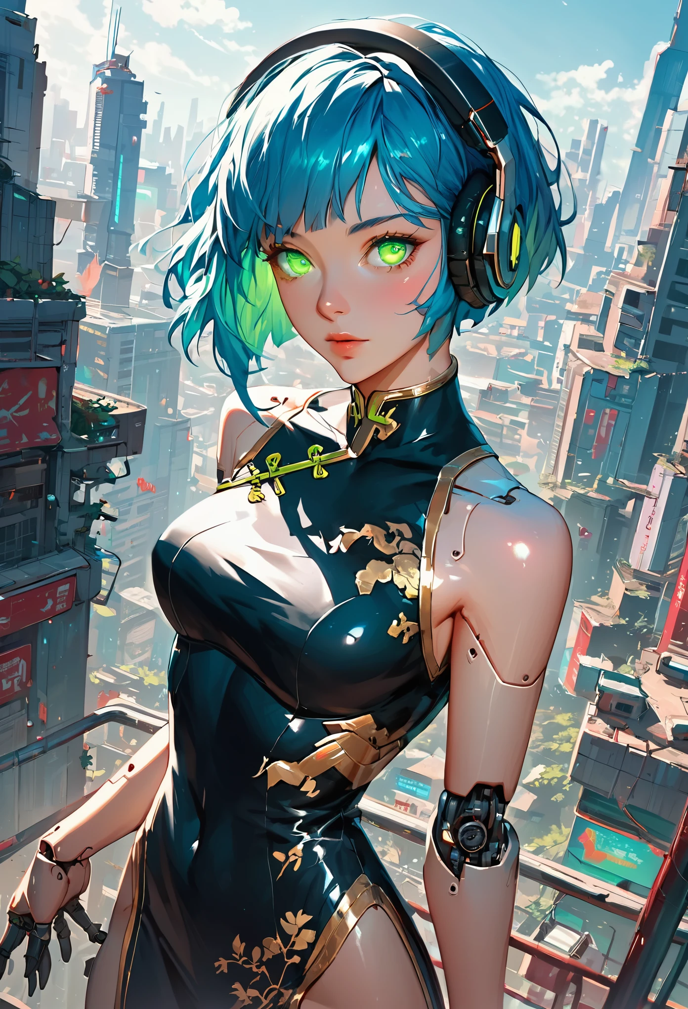 score_9,score_8_up,score_7_up,source_anime,1girl, android girl, Cyberpunk,cheongsam blue hair, green light eyes,glowing eyes, Short hair, White breastplate, Black headphones, Mechanical red Bodysuit, Bare shoulders, Glossy, shiny material,robot joints,outdoors,futuristic city,dynamic angle