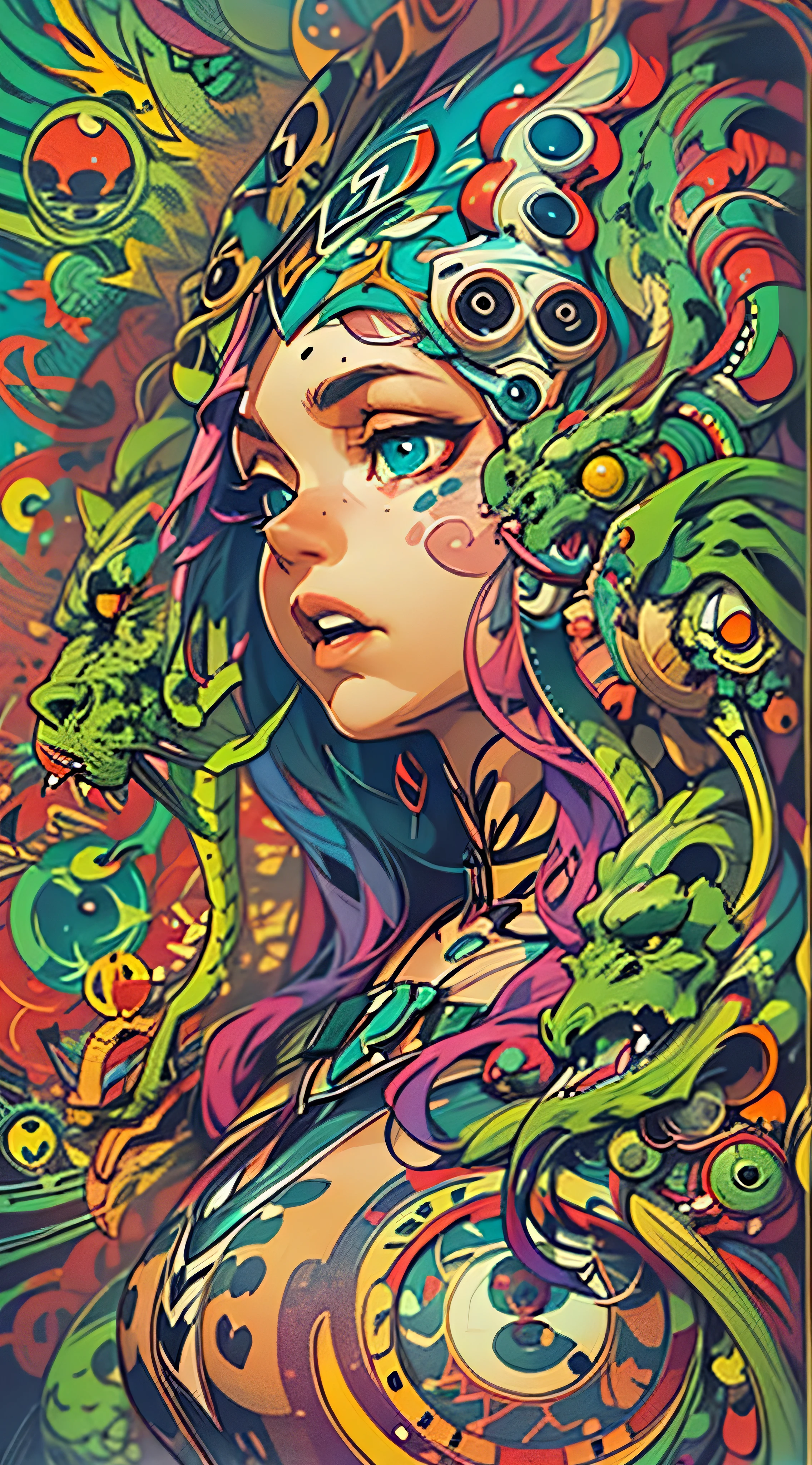 A painting of a woman with a colorful headdress and a dragon - SeaArt AI