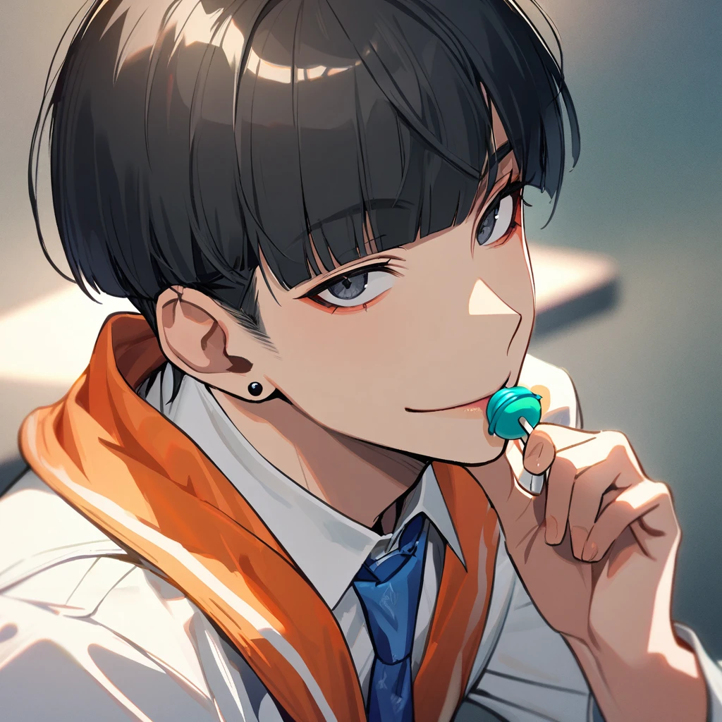 1 man, black hair, straight bangs, bowl cut, piercing, flamboyant, smiling, black eyes, handsome, white shirt, blue tie, sucking a lollipop, holding a lollipop 