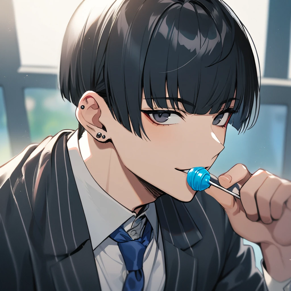 1 man, black hair, straight bangs, bowl cut, piercing, flamboyant, smiling, black eyes, handsome, white shirt, blue tie, sucking a lollipop, holding a lollipop 