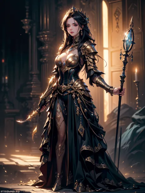 (((masterpiece, best quality, 8k)))A dark and cursed female game character,((perfect face)), wearing ornate Golden+Purle stylish...