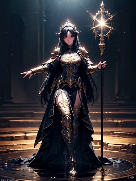 (((masterpiece, best quality, 8k)))a dark and cursed female game character,((perfect face)), wearing ornate golden+purle stylish...