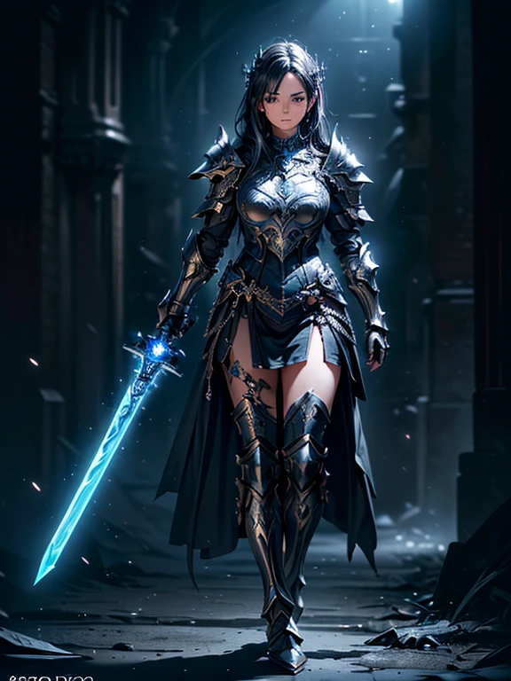 (((masterpiece, best quality, 8k)))A dark and cursed female game character,((perfect face)), wearing ornate Silver+Blue elegant and futuristic armor, wielding an energy sword, with greaves, armored boots, in a gloomy, atmospheric lighting,(((full body shot))), (best quality,4k,8k,highres,masterpiece:1.2),ultra-detailed,(realistic,photorealistic,photo-realistic:1.37),HDR,UHD,studio lighting,ultra-fine painting,sharp focus,physically-based rendering,extreme detail description,professional,vivid colors,bokeh,dark fantasy,concept art