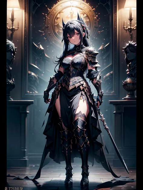 (((masterpiece, best quality, 8k)))A dark and cursed female game character,((perfect face)), wearing ornate black and gold armor...