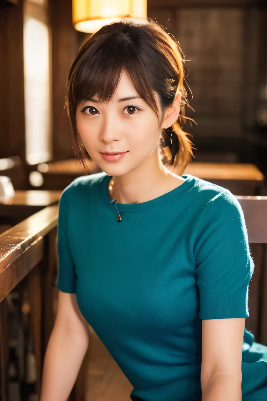 Create a high-quality, realistic portrait of a 30s Japanese woman sitting in a cozy, wooden-themed café. She has straight, dark brown hair with bangs, tied back in a low ponytail. Her expression is friendly and engaging. She is wearing a simple, short-sleeved, dark green-blue dress. The background features wooden paneling and a warm, ambient light from a lamp in the corner. Photo must be a masterpiece in quality expressing correct human structure, detailed face, and detailed eyes.