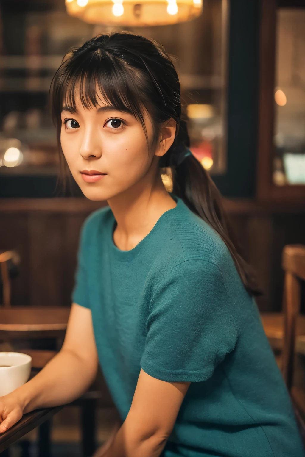 Create a high-quality, realistic portrait of a 30s Japanese woman sitting in a cozy, wooden-themed café. She has straight, dark brown hair with bangs, tied back in a low ponytail. Her expression is friendly and engaging. She is wearing a simple, short-sleeved, dark green-blue dress. The background features wooden paneling and a warm, ambient light from a lamp in the corner. Photo must be a masterpiece in quality expressing correct human structure, detailed face, and detailed eyes.