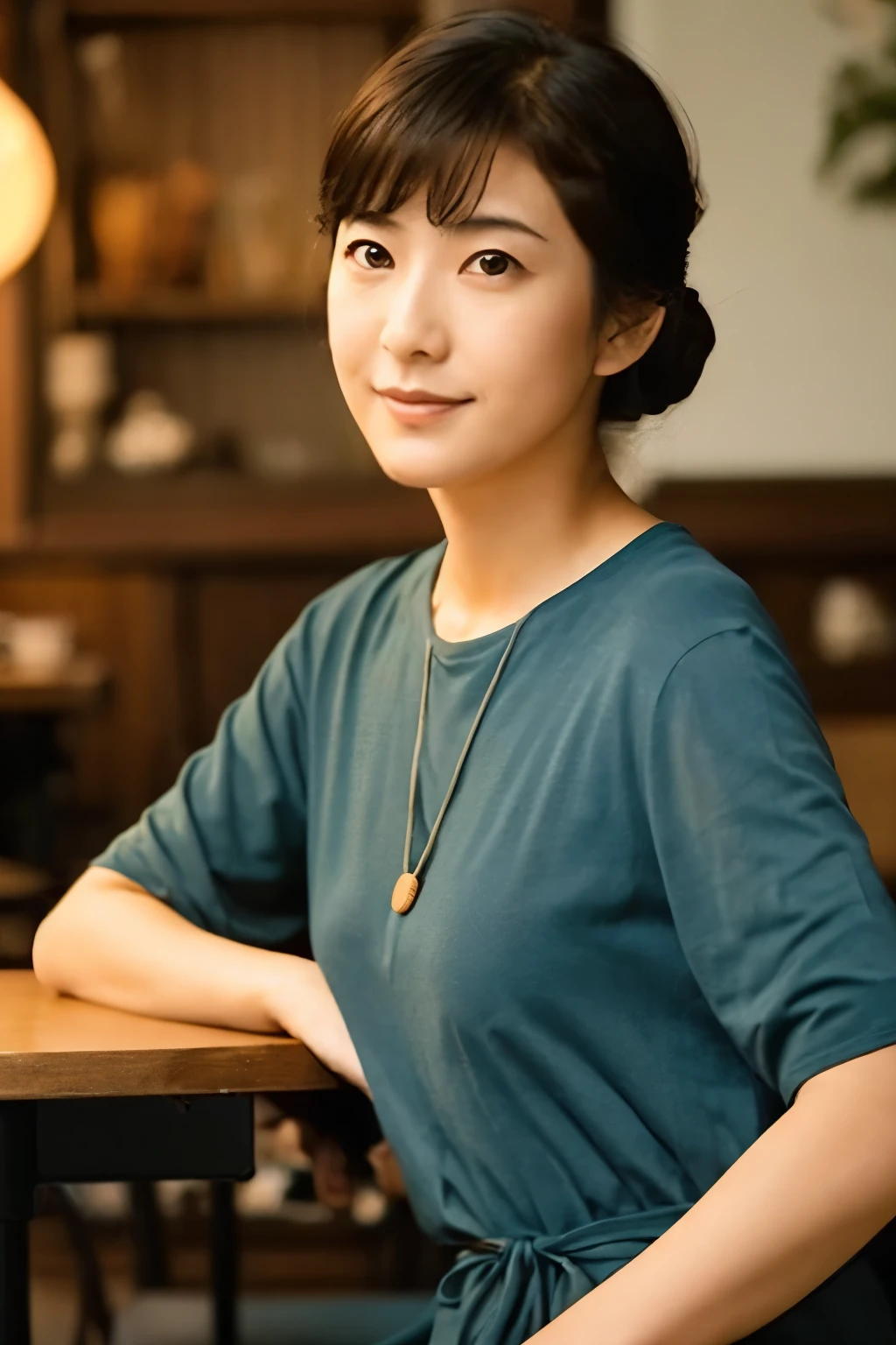 Create a high-quality, realistic portrait of a 30s Japanese woman sitting in a cozy, wooden-themed café. She has straight, dark brown hair with bangs, tied back in a low ponytail. Her expression is friendly and engaging. She is wearing a simple, short-sleeved, dark green-blue dress. The background features wooden paneling and a warm, ambient light from a lamp in the corner. Photo must be a masterpiece in quality expressing correct human structure, detailed face, and detailed eyes.