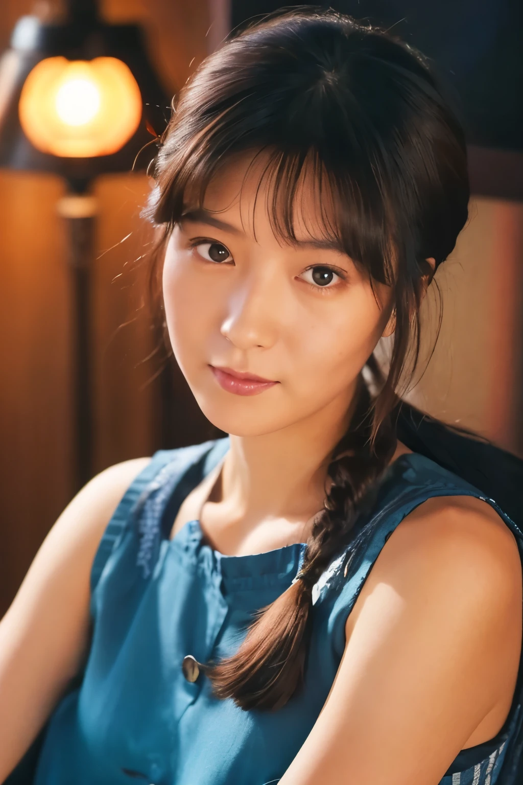 Create a high-quality, realistic portrait of a 30s Japanese woman sitting in a cozy, wooden-themed café. She has straight, dark brown hair with bangs, tied back in a low ponytail. Her expression is friendly and engaging. She is wearing a simple, short-sleeved, dark green-blue dress. The background features wooden paneling and a warm, ambient light from a lamp in the corner. Photo must be a masterpiece in quality expressing correct human structure, detailed face, and detailed eyes.