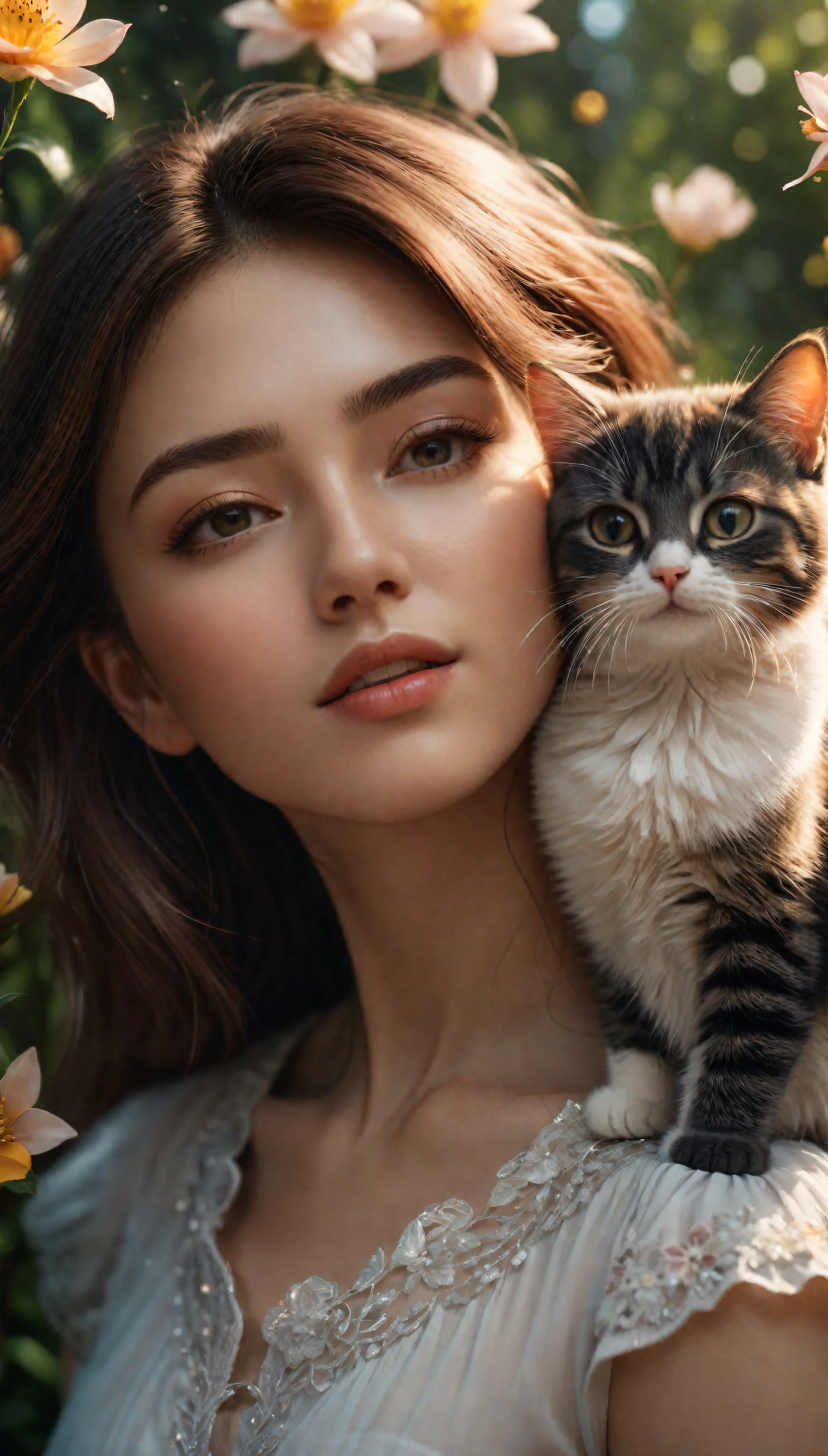 ((Masterpiece in maximum 16K resolution):1.6),((soft_color_photograpy:)1.5), ((Ultra-Detailed):1.4),((Movie-like still images and dynamic angles):1.3). | (Macro shot cinematic photo of beautiful Girl's and her cute cat), (Beautiful Girl), (focus on the cute Cat), (macro lens), (flower garden with a pond), (summer light), (tyndall effect), (Warm atmosphere), (shimmer), (light reflections), (visual experience),(Realism), (Realistic),award-winning graphics, dark shot, film grain, extremely detailed, Digital Art, rtx, Unreal Engine, scene concept anti glare effect, All captured with sharp focus. | Rendered in ultra-high definition with UHD and retina quality, this masterpiece ensures anatomical correctness and textured skin with super detail. With a focus on high quality and accuracy, this award-winning portrayal captures every nuance in stunning 16k resolution, immersing viewers in its lifelike depiction. | ((perfect_composition, perfect_design, perfect_layout, perfect_detail, ultra_detailed)), ((enhance_all, fix_everything)), More Detail, Enhance.