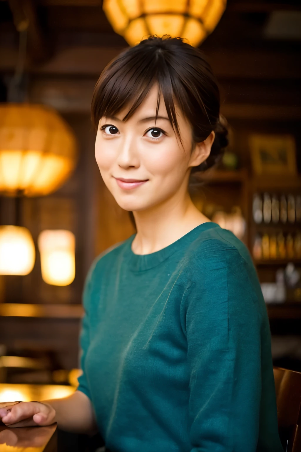 Create a high-quality, realistic portrait of a 30s Japanese woman sitting in a cozy, wooden-themed café. She has straight, dark brown hair with bangs, tied back in a low ponytail. Her expression is friendly and engaging. She is wearing a simple, short-sleeved, dark green-blue dress. The background features wooden paneling and a warm, ambient light from a lamp in the corner. Photo must be a masterpiece in quality expressing correct human structure, detailed face, and detailed eyes.