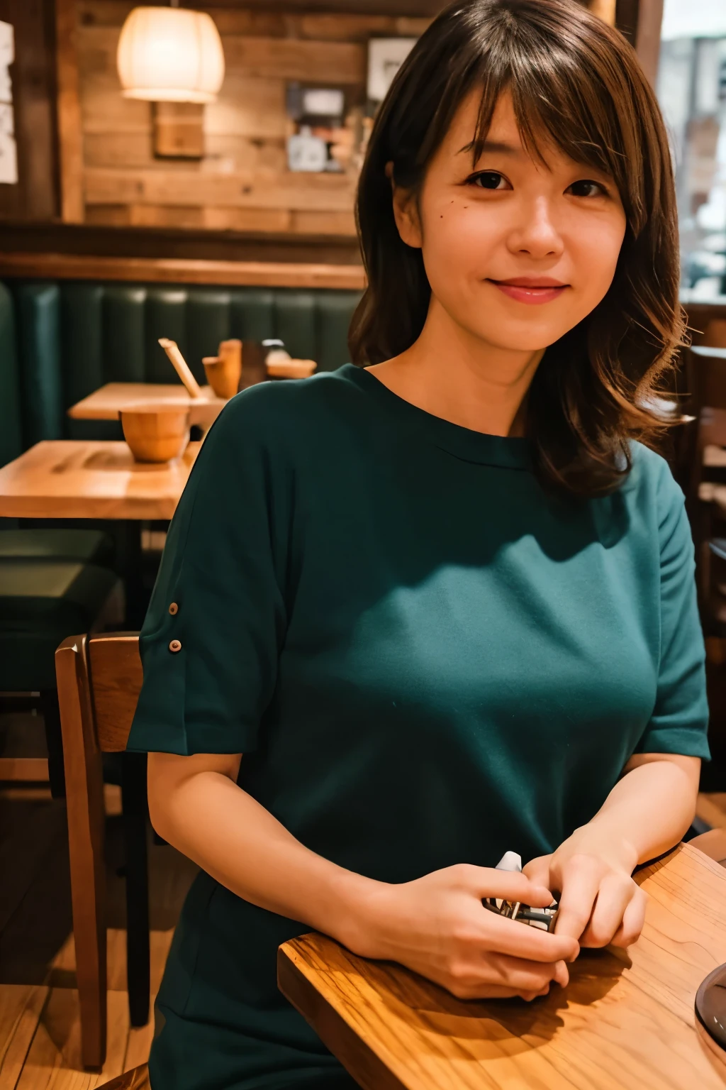 Create a high-quality, realistic portrait of a 30s Japanese woman sitting in a cozy, wooden-themed café. She has straight, dark brown hair with bangs, tied back in a low ponytail. Her expression is friendly and engaging. She is wearing a simple, short-sleeved, dark green-blue dress. The background features wooden paneling and a warm, ambient light from a lamp in the corner. Photo must be a masterpiece in quality expressing correct human structure, detailed face, and detailed eyes.