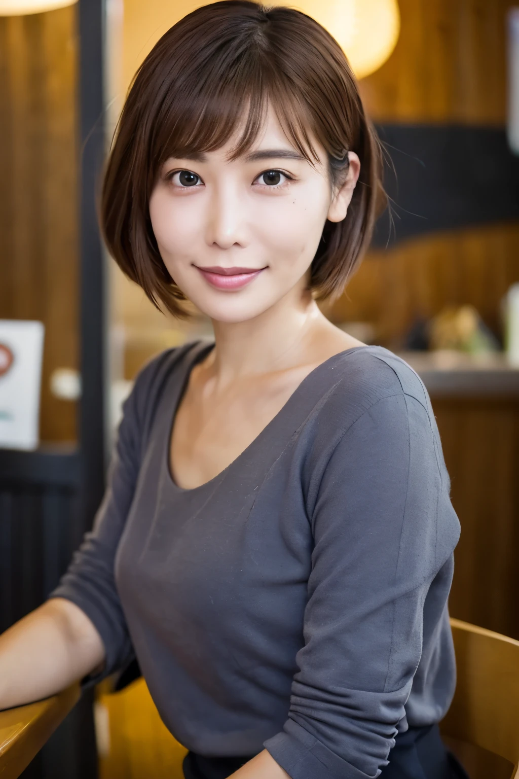 Create a high-quality, realistic portrait of a 30s Japanese woman sitting in a cozy, wooden-themed café. She has straight, dark brown hair with bangs, tied back in a low ponytail. Her expression is friendly and engaging. She is wearing a simple, short-sleeved, dark green-blue dress. The background features wooden paneling and a warm, ambient light from a lamp in the corner. Photo must be a masterpiece in quality expressing correct human structure, detailed face, and detailed eyes.