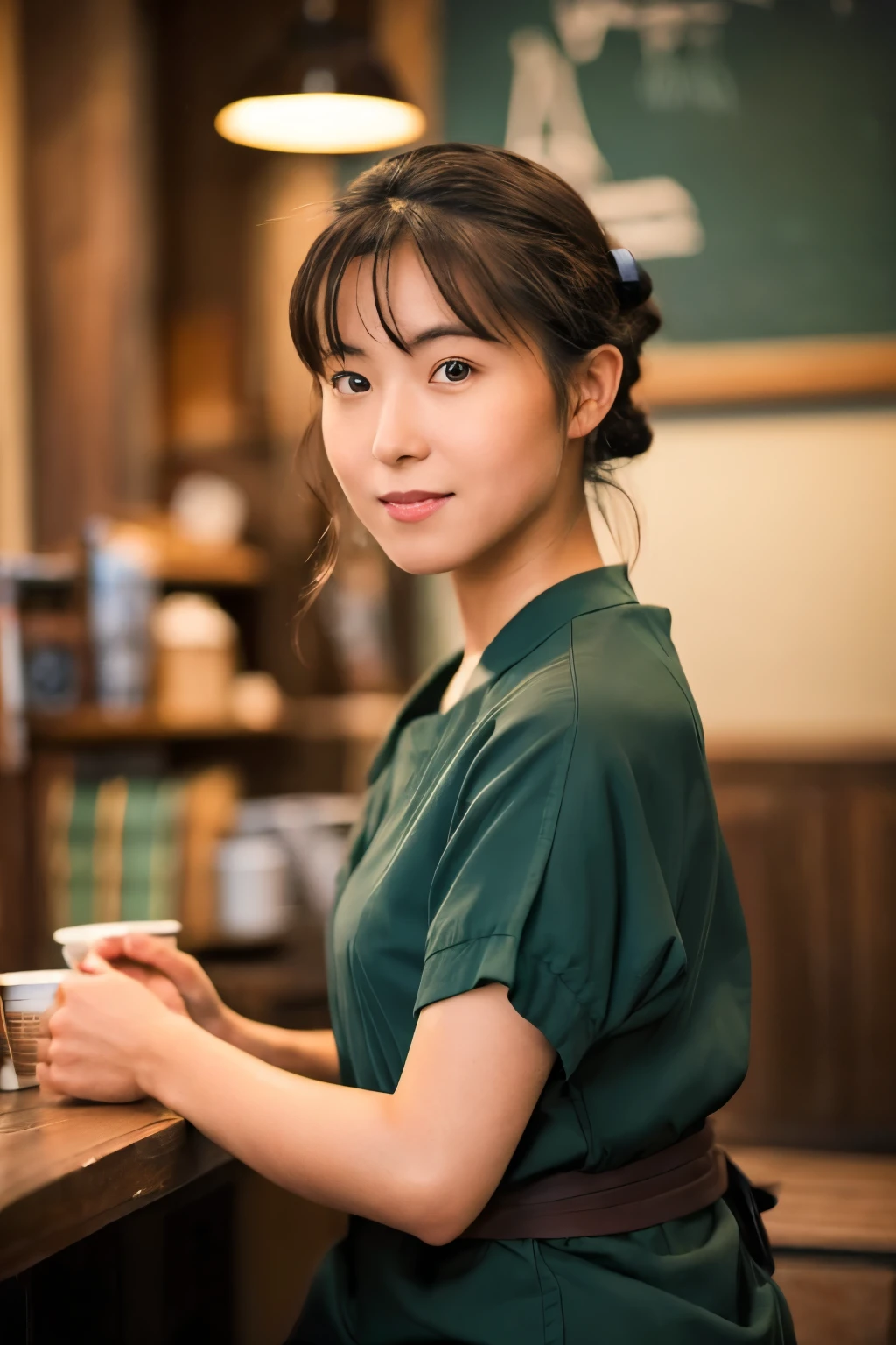 Create a high-quality, realistic portrait of a 30s Japanese woman sitting in a cozy, wooden-themed café. She has straight, dark brown hair with bangs, tied back in a low ponytail. Her expression is friendly and engaging. She is wearing a simple, short-sleeved, dark green-blue dress. The background features wooden paneling and a warm, ambient light from a lamp in the corner. Photo must be a masterpiece in quality expressing correct human structure, detailed face, and detailed eyes.